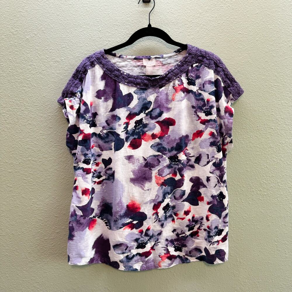 Chico's Purple + White Floral Print Lace Trim Short Sleeve Tee - Size 3 or XL